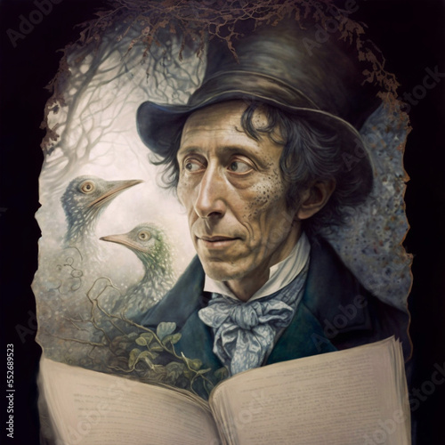 Fantasy portrait of  the legendary fairytale writer Hans Christian Andersen listening to his muse, reading from his book