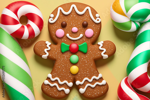 Gingerbread Man Cookie decorated with Icing and Candy, adorable, Christmas Gingerbread for Holiday, Gumdrops, Lollipops, Peppermint, Sprinkles, Candy, Candycane, Taffy, Yellow, Pastel, Generative AI