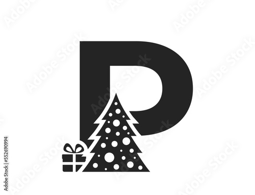letter p with christmas tree and gift. creative initial letter for Christmas, new year and winter design