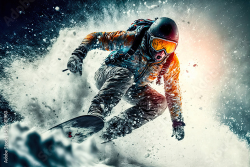 Snowboard Wintersport Extrem Abfahrt Downhill Competition Wettbewerb Tiefschnee Abfahrt Generative AI Technology Digital Art Illustration