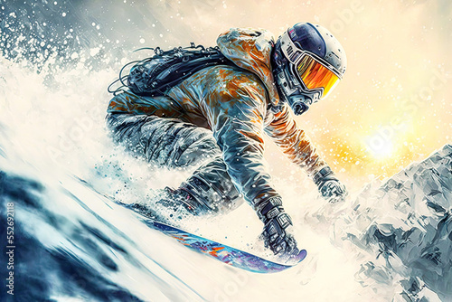 Snowboard Wintersport Extrem Abfahrt Downhill Competition Wettbewerb Tiefschnee Abfahrt Generative AI Technology Digital Art Illustration photo