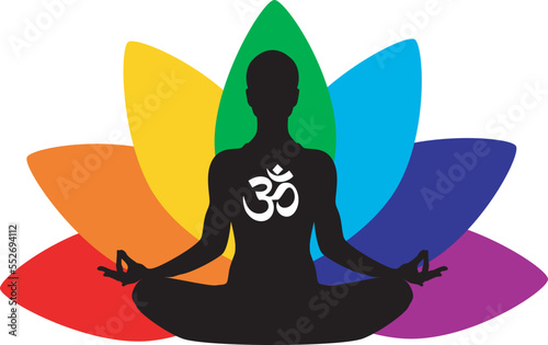 silhouette of yoga lotus pose with lotus flower