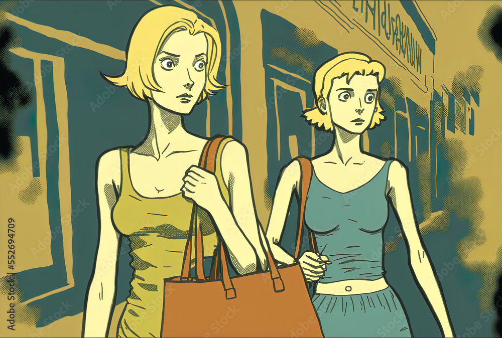 Two blonde young women going on the street in the back, each clutching a bag of groceries. Generative AI