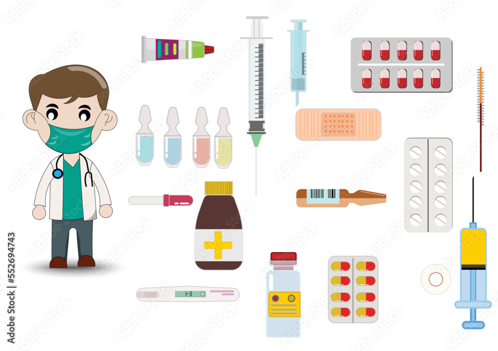 Set of mail doctor and pills collection.Bottles of drugs.tablets,capsules vitamins. Vector flat physician and health style.