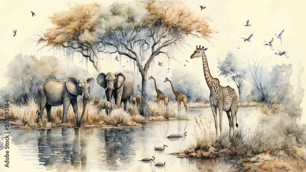Watercolor painting style, high quality digital art, landscape on an African tropical jungle with trees next to a river with giraffes, elephants and birds, in coordinating colors - obrazy, fototapety, plakaty 