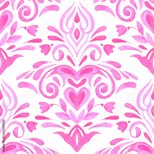 Watercolor pink damask hand drawn floral design with hearts and flowers.