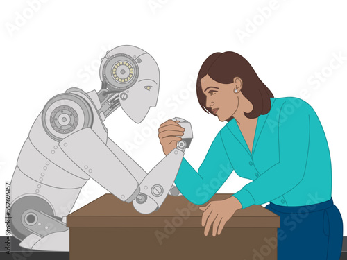business woman and robot, arm wrestling on desk, isolated on white background