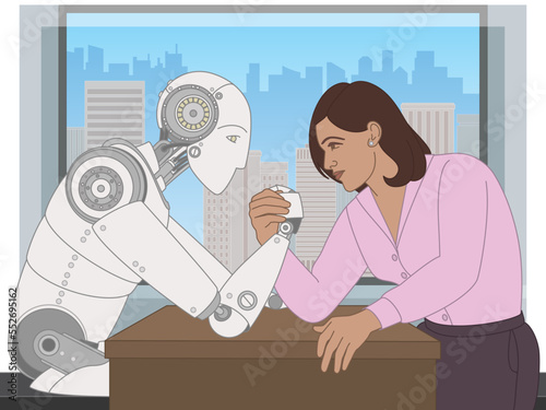 business woman and robot, arm wrestling on desk, office window showing city skyline with buildings in background