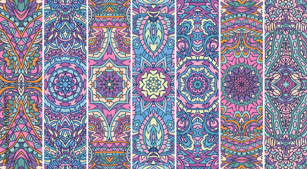 Festival Mandala pattern set with bright color psychedelic print design. Ethnic tribal banner collection