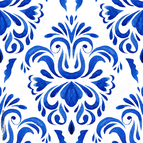 Medallion damask tile watercolor hand drawn floral pattern. Blue and white azulejo