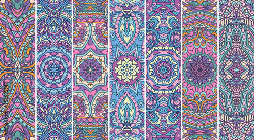 Festival Mandala pattern set with bright color psychedelic print design. Ethnic tribal banner collection