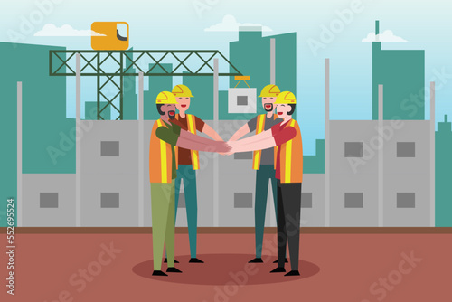 Construction workers joining hands on the construction site, flat design illustration