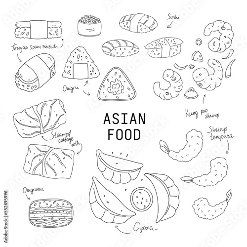 Hand drawn different asian food set