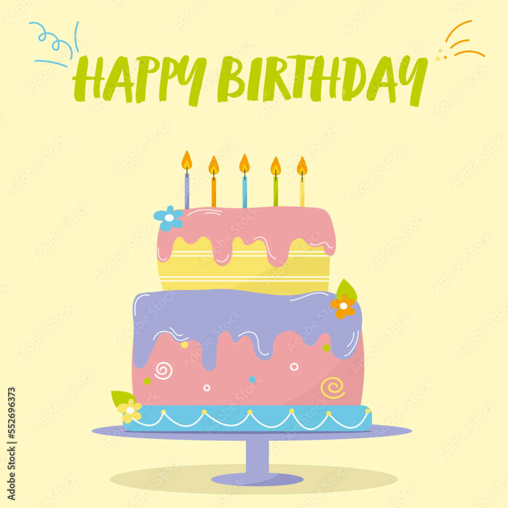 Happy Birthday card with cake on the yellow background Happy Birthday card with cake on the yellow background