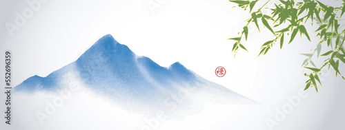 Green bamboo tree and far blue mountains. Traditional oriental ink painting sumi-e, u-sin, go-hua. Translation of hieroglyph - well-being