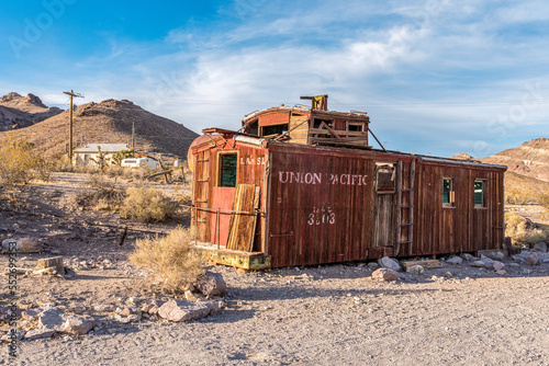 An old train wagon in ghost town Rhyolite in the Death Valley photo