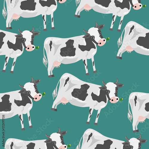 Seamless pattern with cows  a cow with a dandelion flower in its mouth. vector graphics 