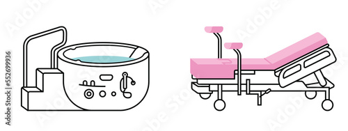illustration of a bath for birth in water and a birthing bed, birth items illustrations