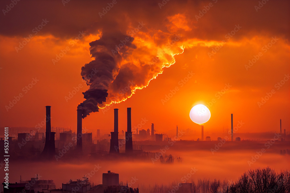 Pollution of the atmosphere, Smoking chimneys against the setting sun.
