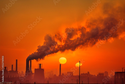 Pollution of the atmosphere, Smoking chimneys against the setting sun. 