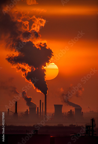 Pollution of the atmosphere, Smoking chimneys against the setting sun.  © Sparrowski