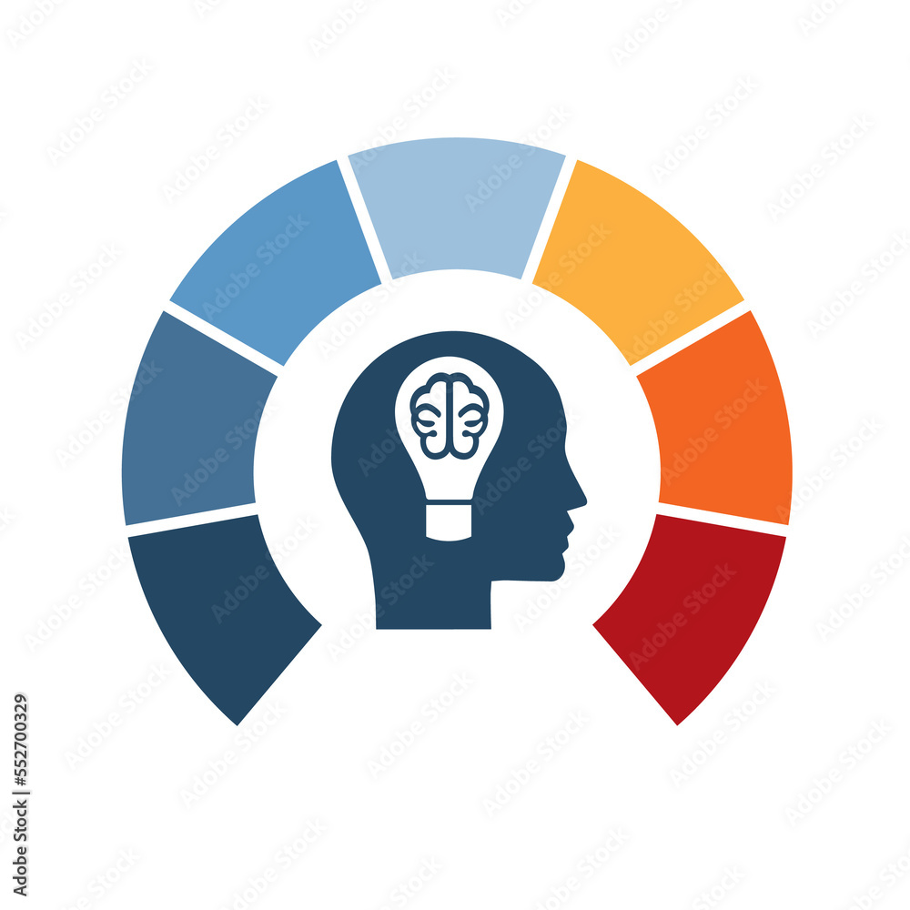 Template for conceptual infographics, the brain in a lamp in the head, 7 positions