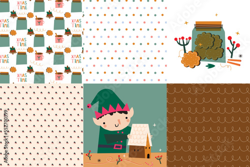 a collection of vector patterns and prints in the Christmas style with the motif of baking cookies and a gingerbread house.  Elf, cooking, cookies, house, gingerbread, tea, lines, abstract background.
