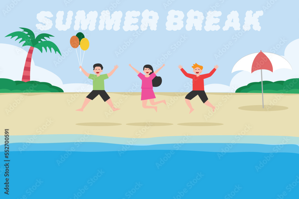 Children and summer break word on the beach Children and summer break word on the beach