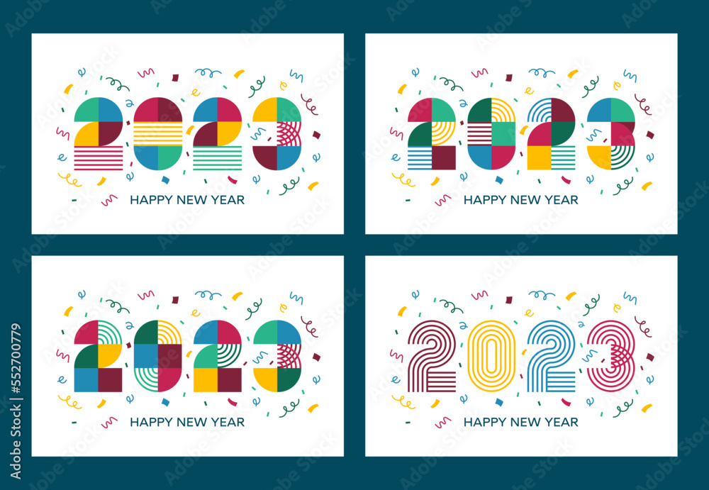 Happy new year 2023 text design. New Year's geometric design with confetti. Creative modern design concept for postcard, invitation, banner, template, poster, cover and social media post by 2023. 