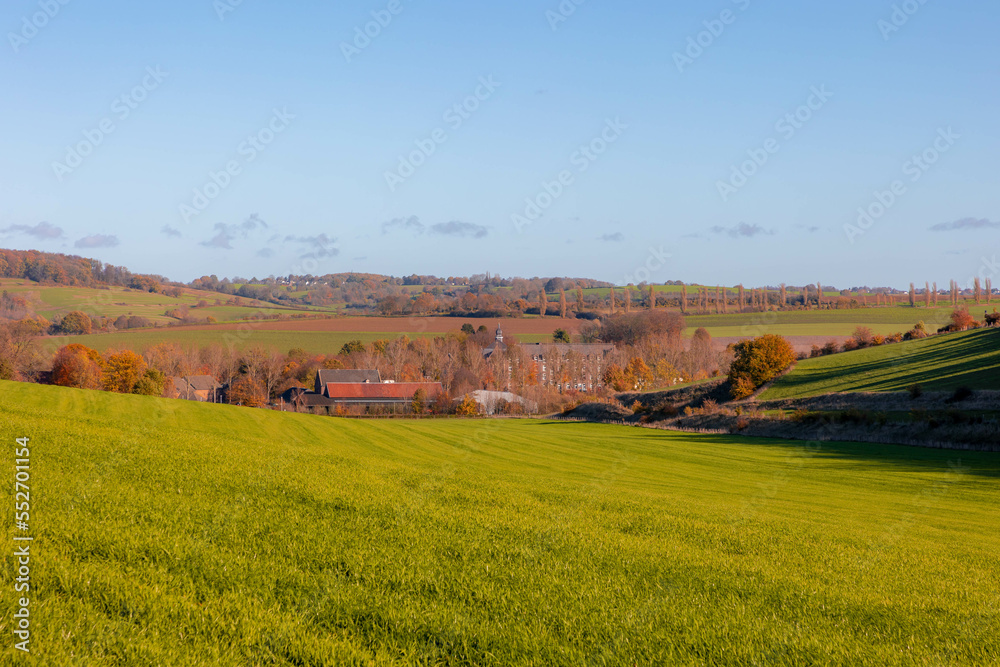 Colorful Autumn landscape of the terrain hilly countryside, Small houses on hillside with sunlight in morning, Gulpen-Wittem is a village in southern of the Dutch province of Zuid-Limburg, Netherlands