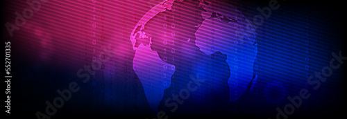 Technology futuristic background with globe and binary code. Abstract blue purple vector design