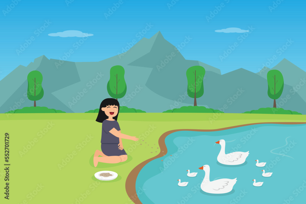 girl feeding food to a flock of ducks in the lake while enjoying leisure time