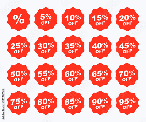 Discount tags with percentage graphic design. Set sale 10%, 20%, 30%, 40%, 50%, 60%, 70%, 80%, 90% off starburst sticker vector design. Special offer price sign banners