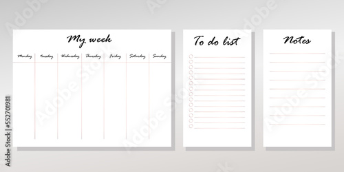Week planner of minimalist style on the gray gradient background. To do list, notes. Set of my week. Vector illustration