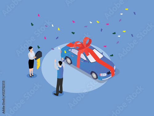 Happy man getting a car prize