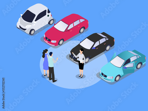Couple choosing new car in automobile showroom