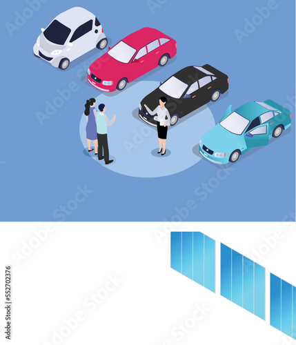 Couple choosing new car in automobile showroom