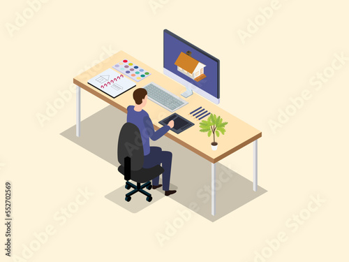 Male design graphic drawing a house on monitor