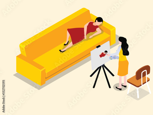 Female artist painting a woman on the sofa, 3D isometric vector illustration