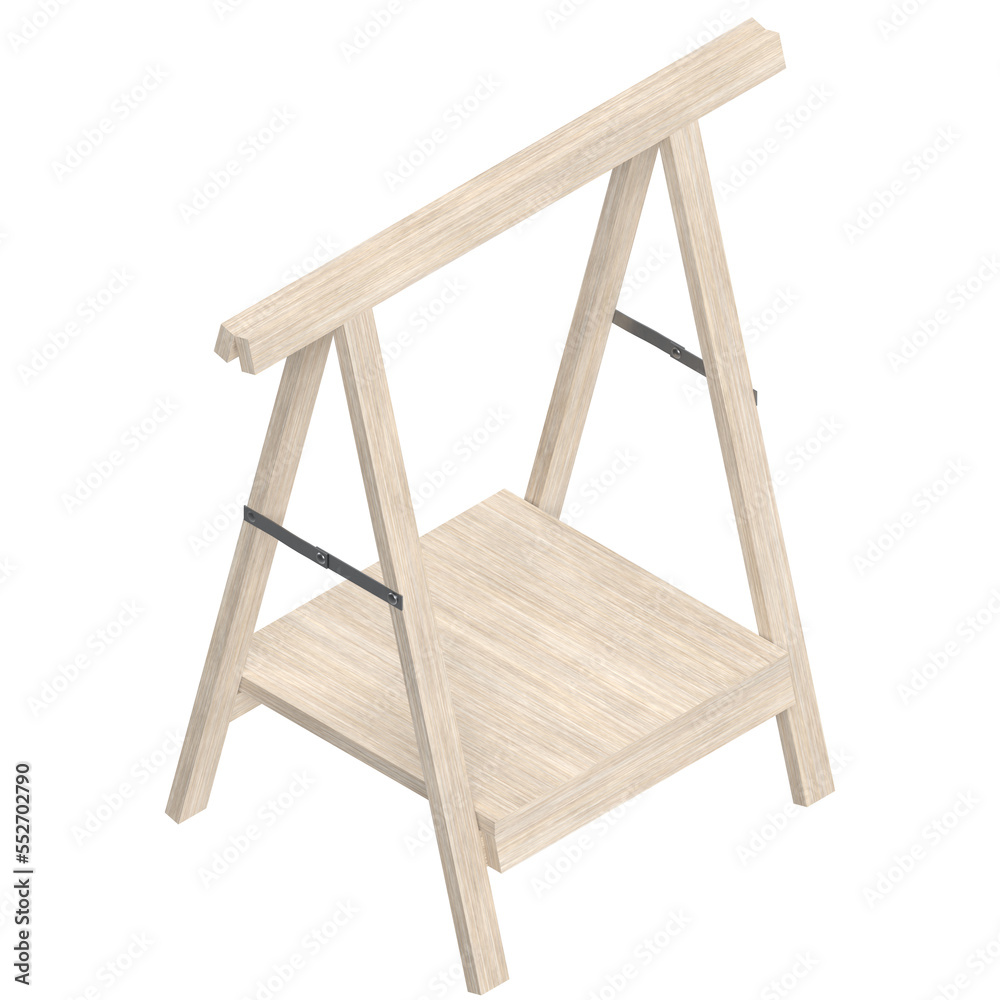 3D rendering illustration of a wooden trestle support with a bottom shelf 3D rendering illustration of a wooden trestle support with a bottom shelf
