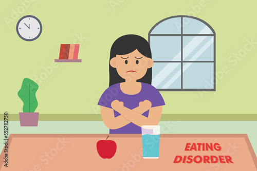 Depressed woman cartoon with eating disorder