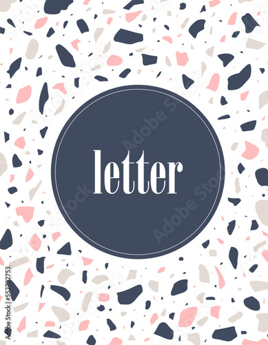 Postcard with Terrazzo flooring template. Style vector pattern of marble rock stone texture on the white background. Perfect for invitation, celebration, party and letters