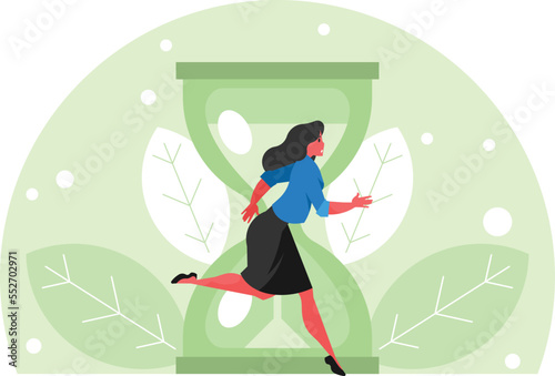 Running businesswoman. Late woman. Worker character is late for a meeting. Deadline concept. Hourglass on the background of leaves. Time saving concept. Vector graphics