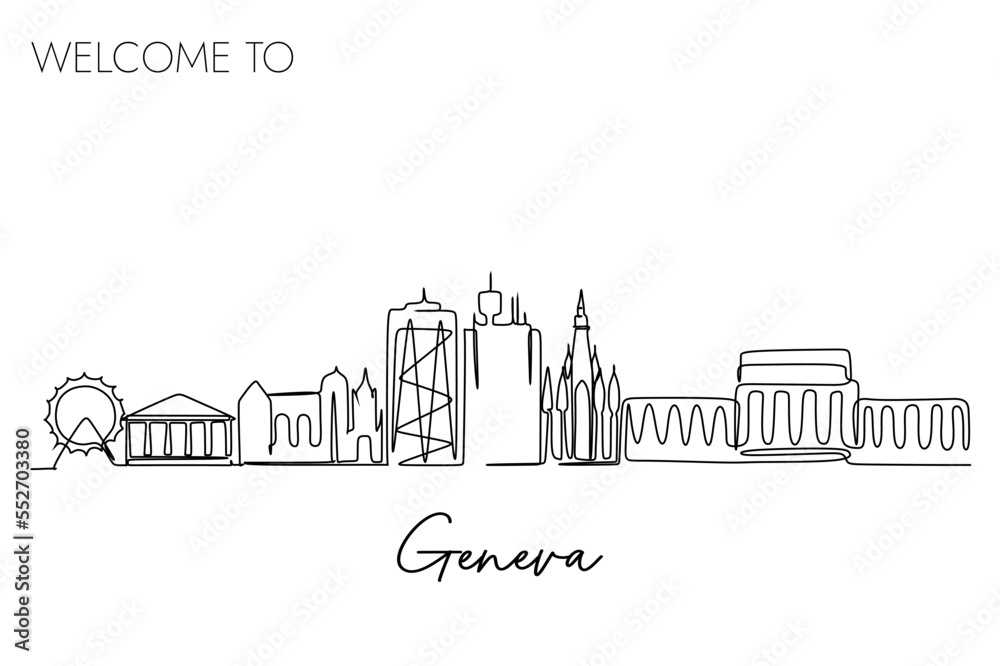 Single continuous line drawing of Geneva city Switzerland skyline. World Famous tourism destination. Simple hand drawn style design for travel and tourism promotion campaign