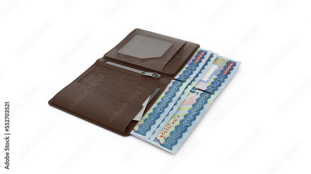 3D rendering of Myanmar Kyat notes in wallet 3D rendering of Myanmar Kyat notes in wallet