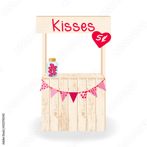 Decorated Kissing Booth isolated on white. Wooden kissing booth for celebrating Valentine's Day, wedding or birthday. Vector illustration.