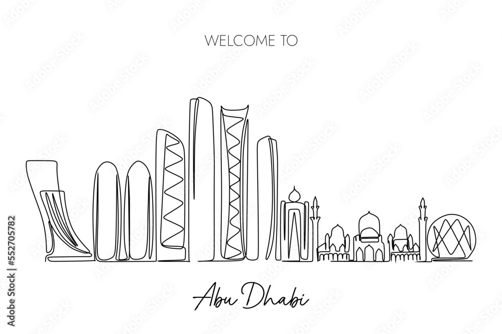 one continuous line drawing of Abu Dhabi city skyline. World Famous tourism destination. Simple hand drawn style design for travel and tourism promotion campaign