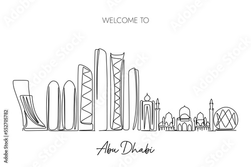 one continuous line drawing of Abu Dhabi city skyline. World Famous tourism destination. Simple hand drawn style design for travel and tourism promotion campaign