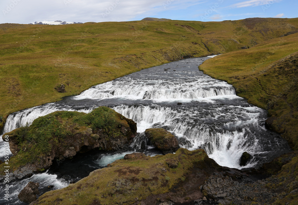 The Hestavaðsfoss waterfall just up the Skóga river from Skógafoss, located in southwestern Iceland.