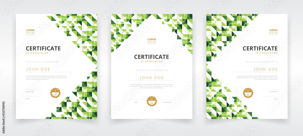 Vertically oriented modern and professional certificate template set with green colored artwork that can be used in educational or business sector